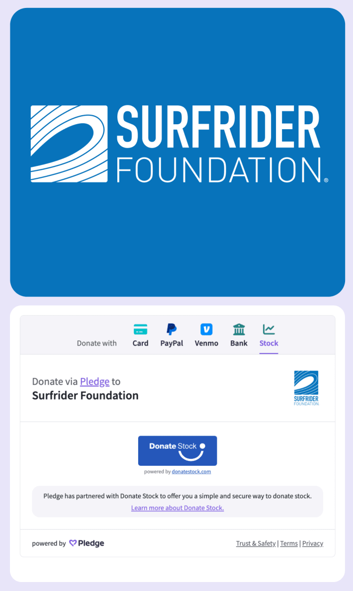 Donation form with stocks going to Surfrider Foundation